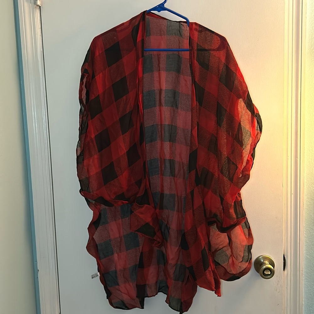 SHEIN one size fit all red and black Buffalo plaid shawl/cover-up